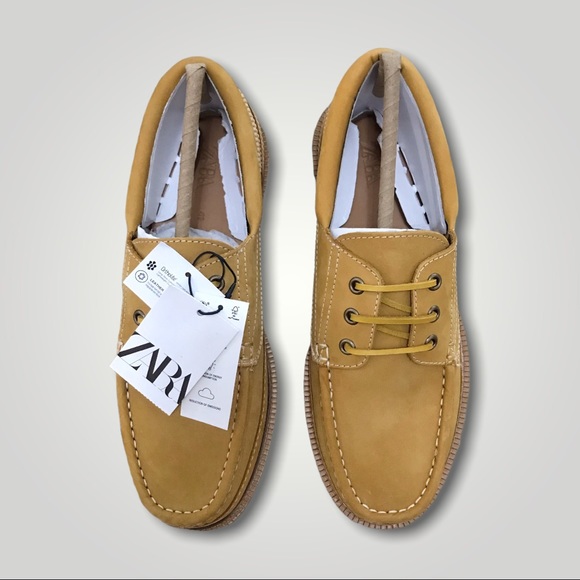 Zara LACED LEATHER BOAT SHOES  Beige Size 8 - Picture 8 of 11